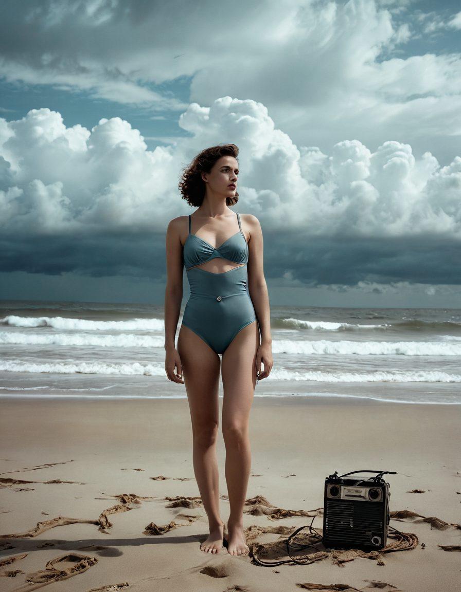 A somber yet artistic depiction of a woman in vintage swimwear, standing on a deserted beach under a cloudy sky, with waves gently lapping at her feet. Surround her with subtle elements of film reels and melancholic expressions in the sand, conveying the depth of emotion explored in independent cinema. The color palette should evoke a sense of nostalgia and introspection. soft focus. muted tones. cinematic style.